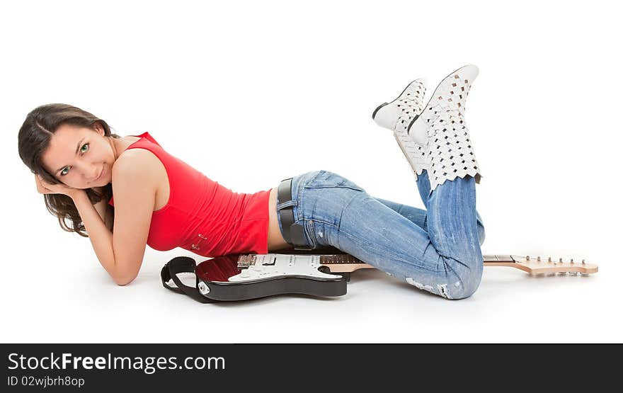 Girl with a guitar on a white background