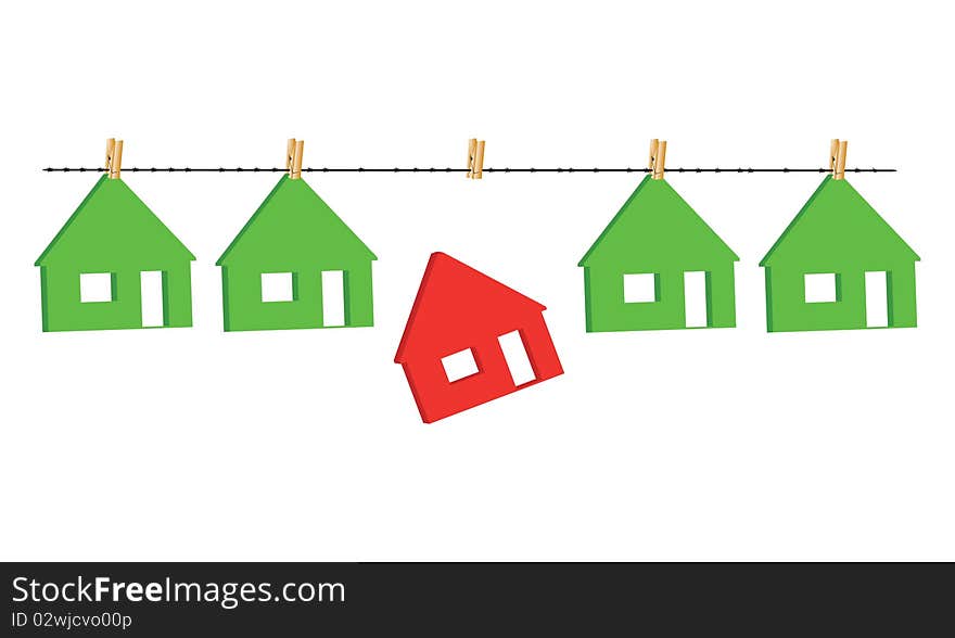 Breadboard models of small houses by means of clothespins hang on a barbed wire