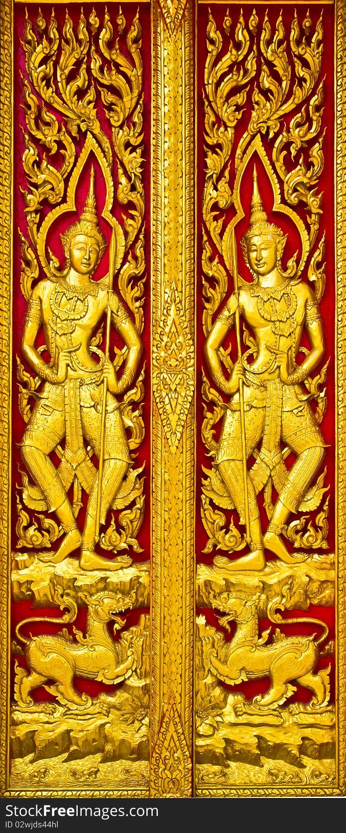 The Angel carvings door Thai church.