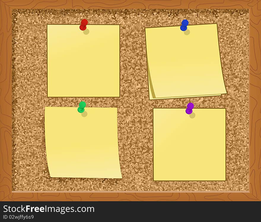 This is an illustration of realistic yellow sticky notes pinned to a cork board. This is an illustration of realistic yellow sticky notes pinned to a cork board.