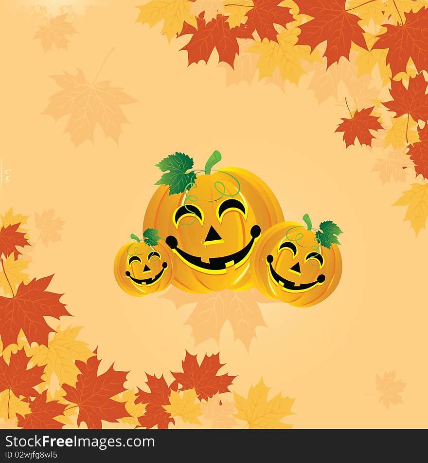 Halloween pumpkin on the autumn leaves. Vector illustration.