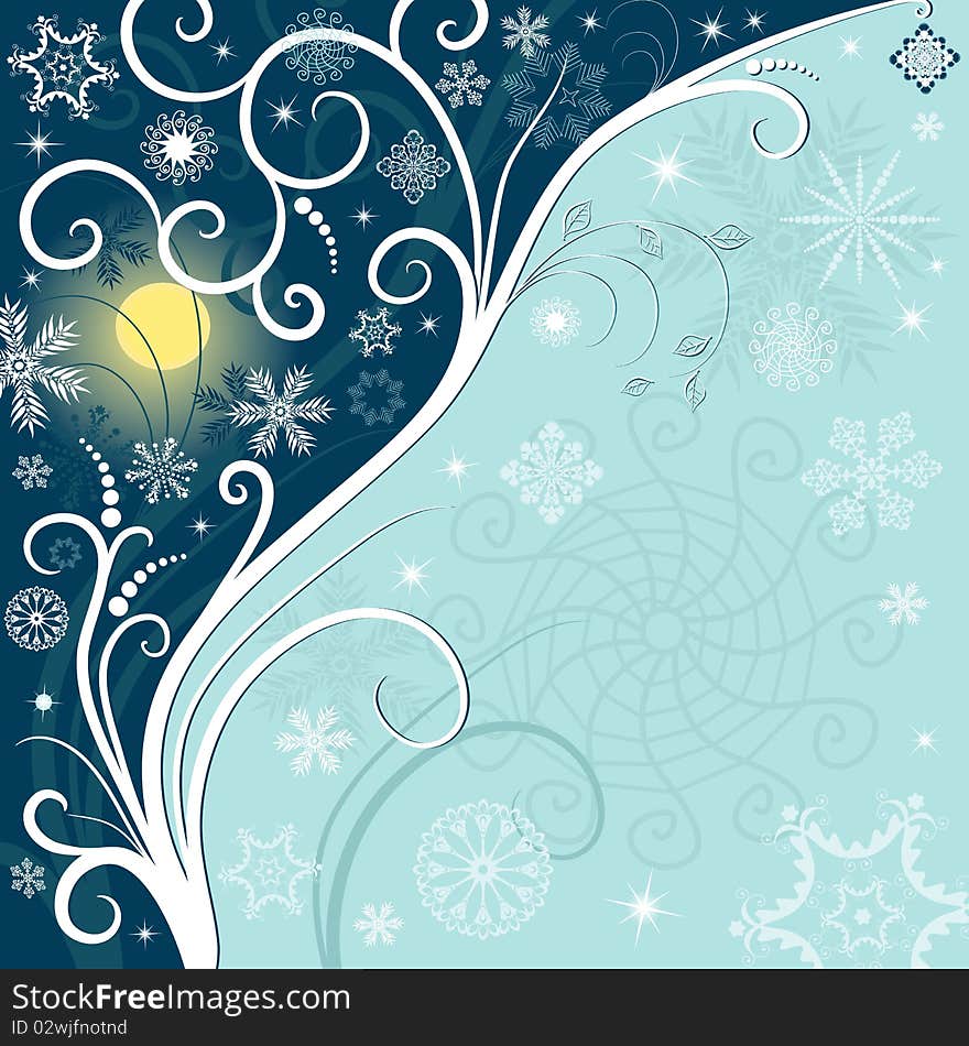 Blue christmas frame with snowflakes and moon and stars