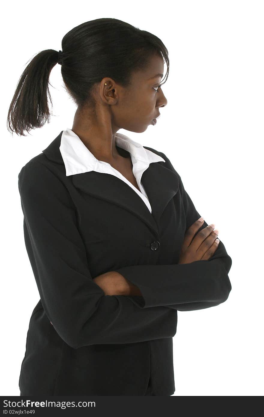 Attractive young afican american woman in business suit over white background looking behind her. Attractive young afican american woman in business suit over white background looking behind her.