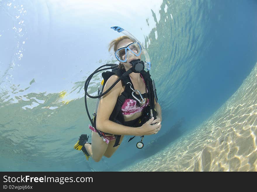 Adult Female scuba diver in bikini diving in shallow tropical water