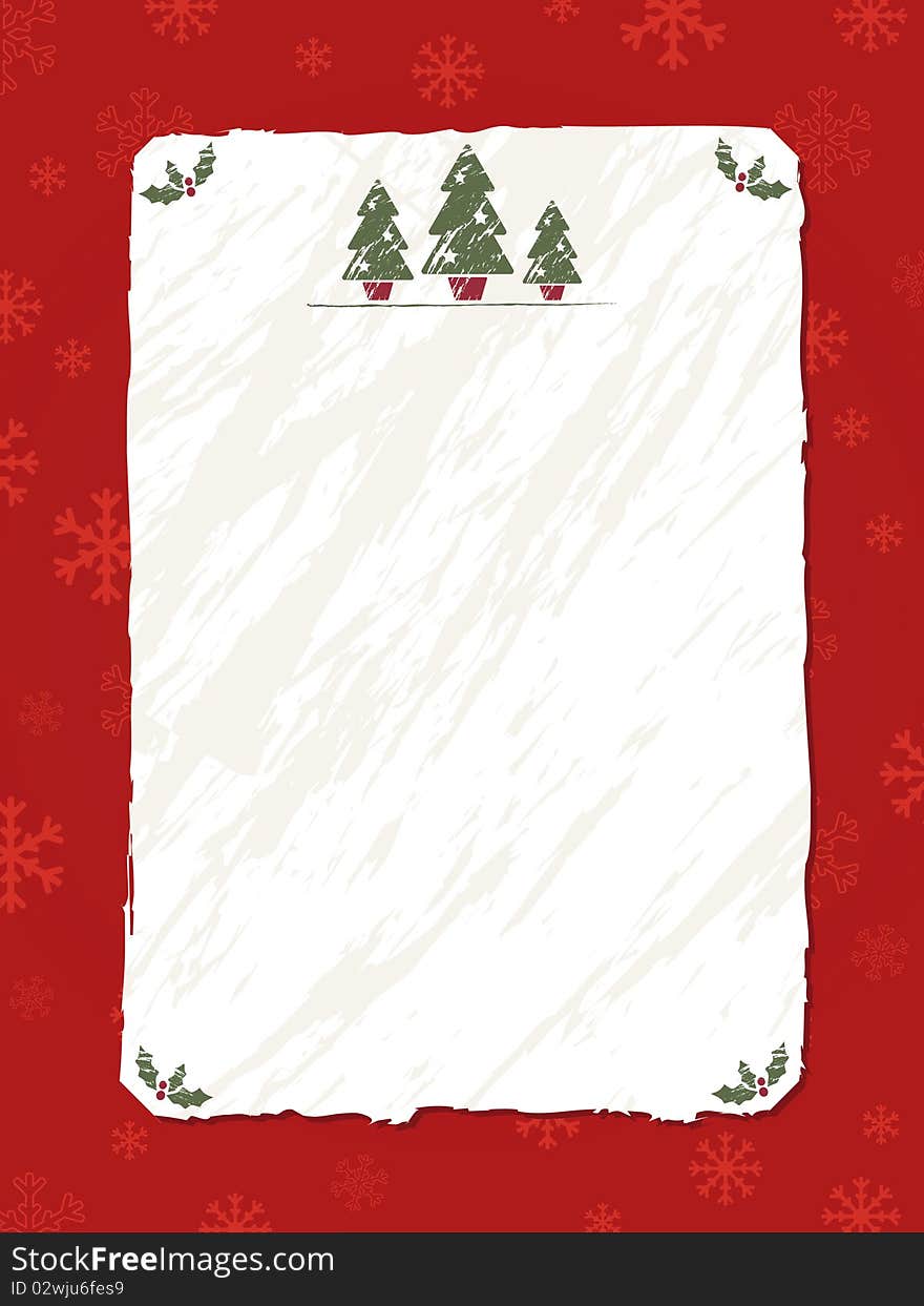 Red snowflake background with blank white crumpled paper and christmas motifs. Red snowflake background with blank white crumpled paper and christmas motifs