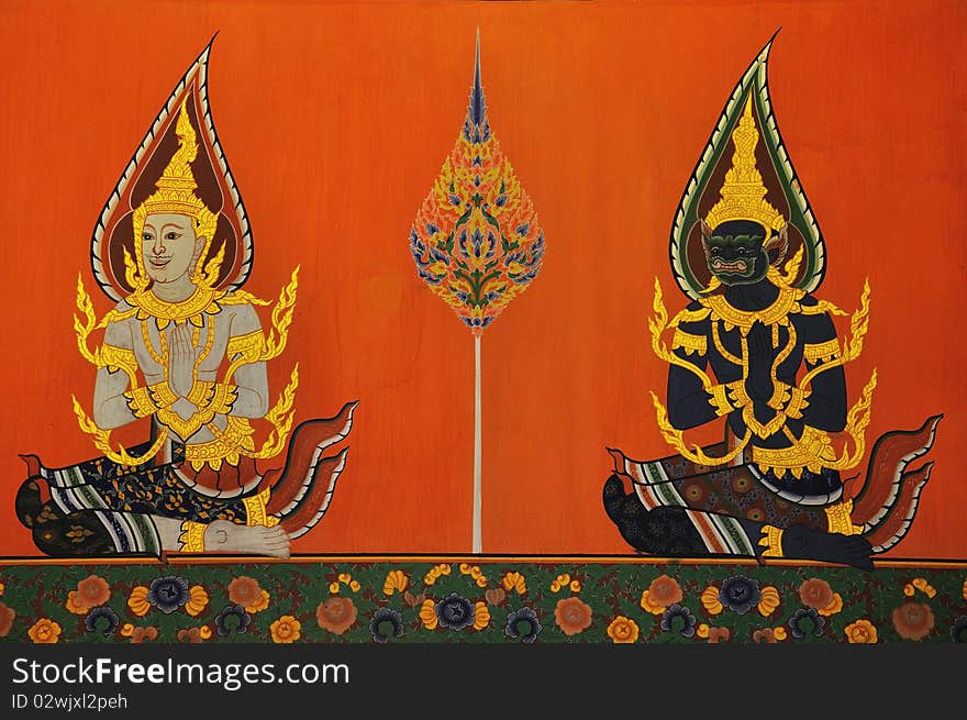 Image of pay respect of sprite, Wall painting at Ayuthaya, the old temple in Thailand