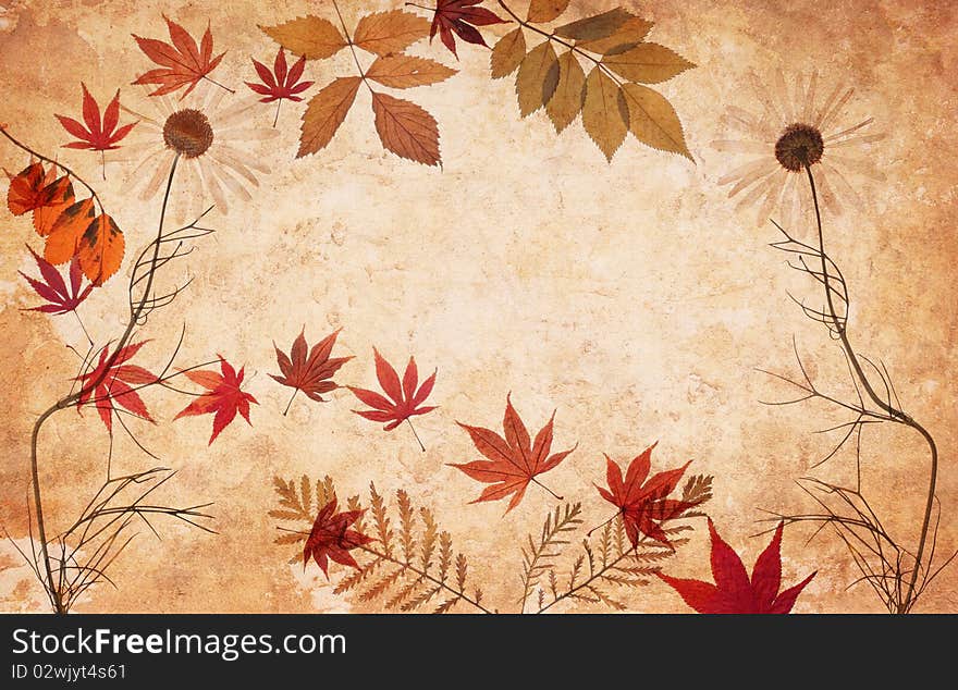 Abstract Grunge Floral Background With Leaves