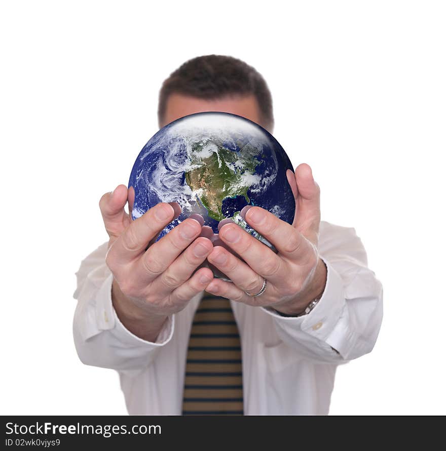 Businessman holds globe featuring America