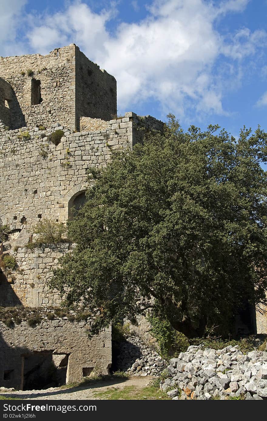 Chateau puilaurens, one of the cathar-castles in the midi pyrenees orientales, france