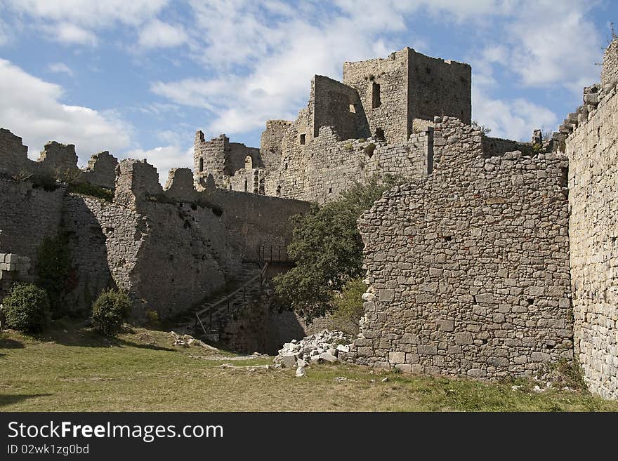 Chateau puilaurens, one of the cathar-castles in the midi pyrenees orientales, france