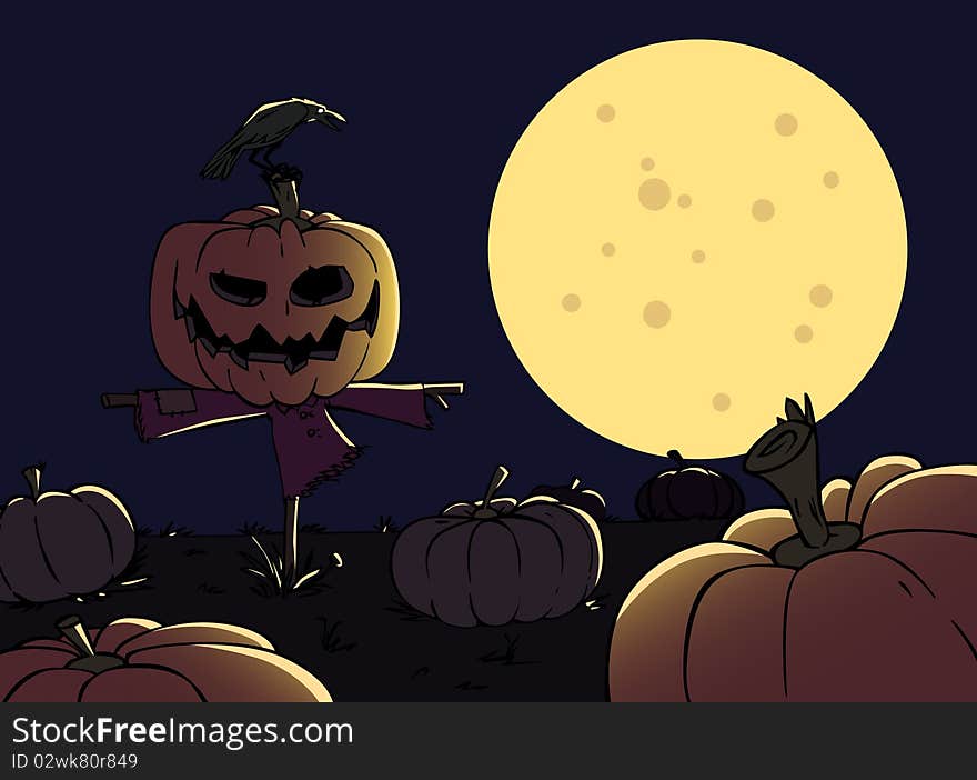 Cartoon scarecrow with a pumpkin