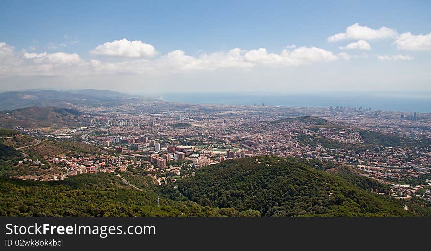 Panorama of Barcelona Spain with altitude in the summer on a sunny day