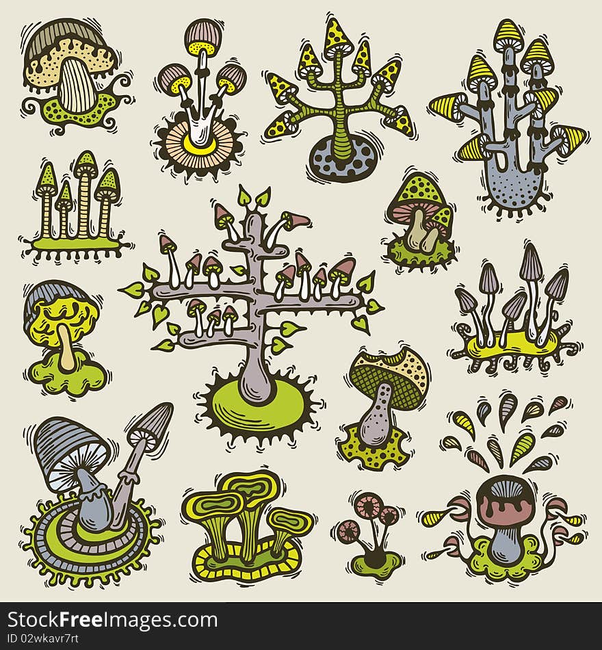 Illustration of hand drawn strange mushrooms set. Illustration of hand drawn strange mushrooms set.