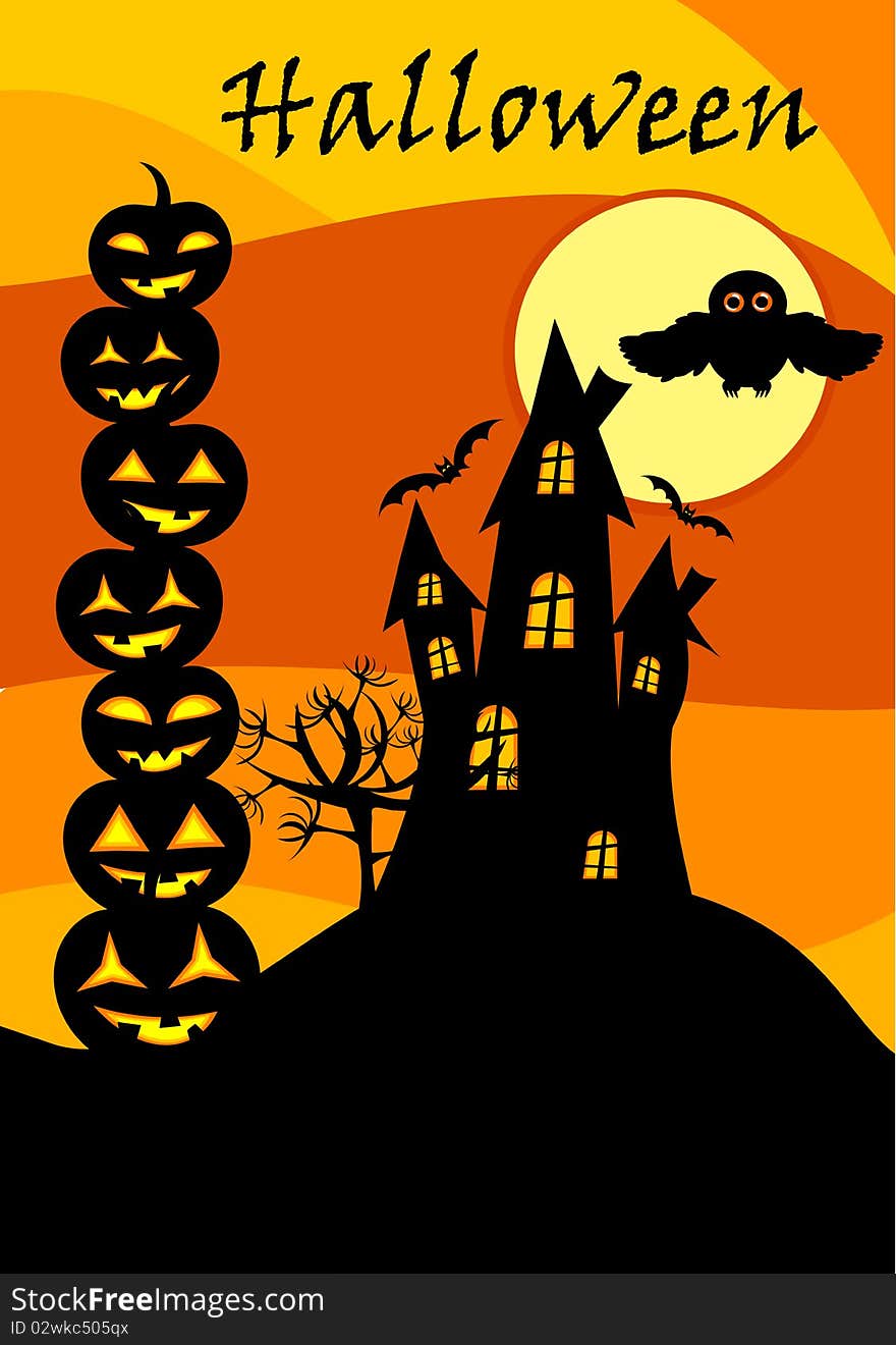 Halloween card with castle, jack o' lanterns stack and owl over moon