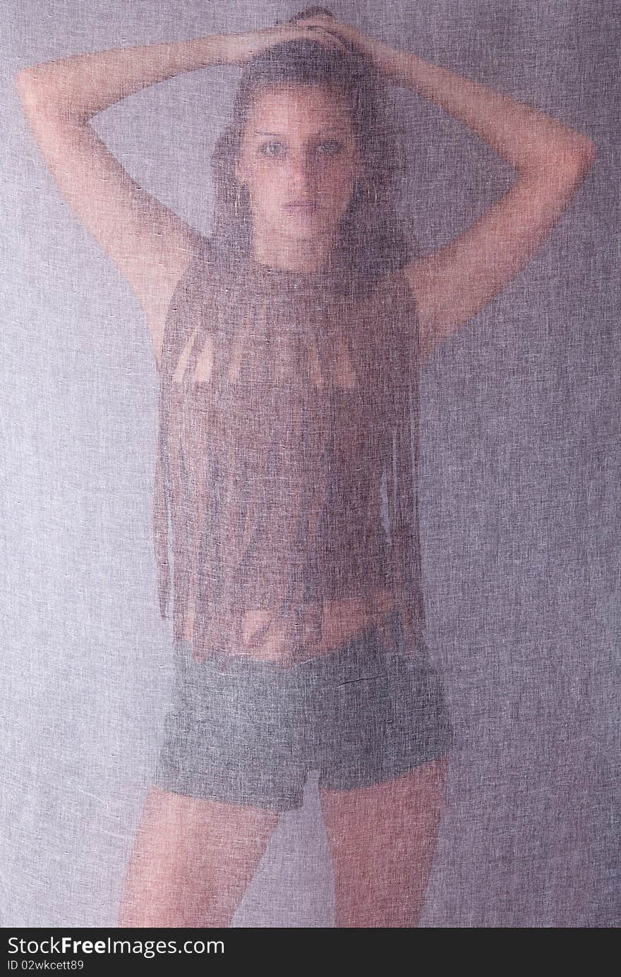 Woman Posing Behind Transparent Curtain