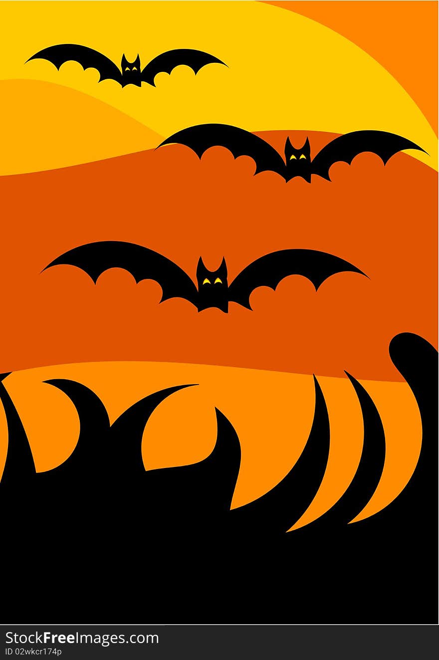 Halloween scary night landscape background  with flying bats. Halloween scary night landscape background  with flying bats