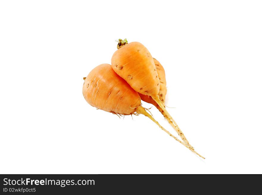 Three carrots are isolated on a white background. Three carrots are isolated on a white background