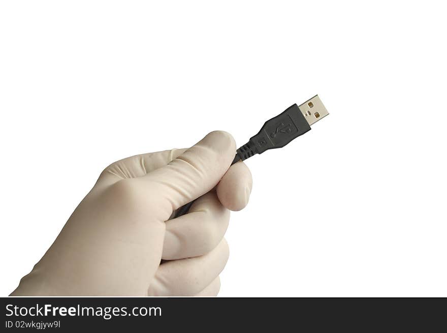 Hand hold USB wire on white background.