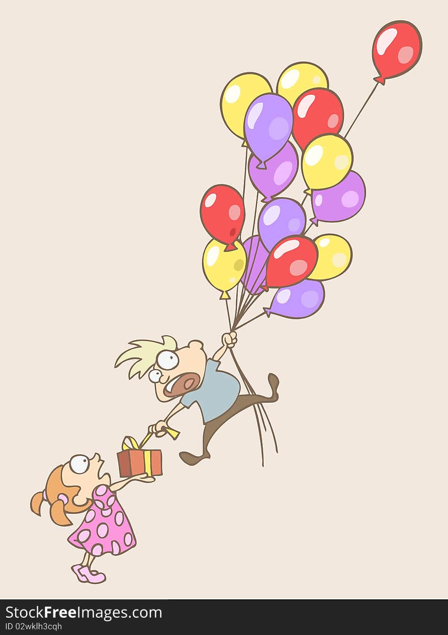 Vector illustration of a boy flying away on the balloons an trying to get his present at the same time. Vector illustration of a boy flying away on the balloons an trying to get his present at the same time