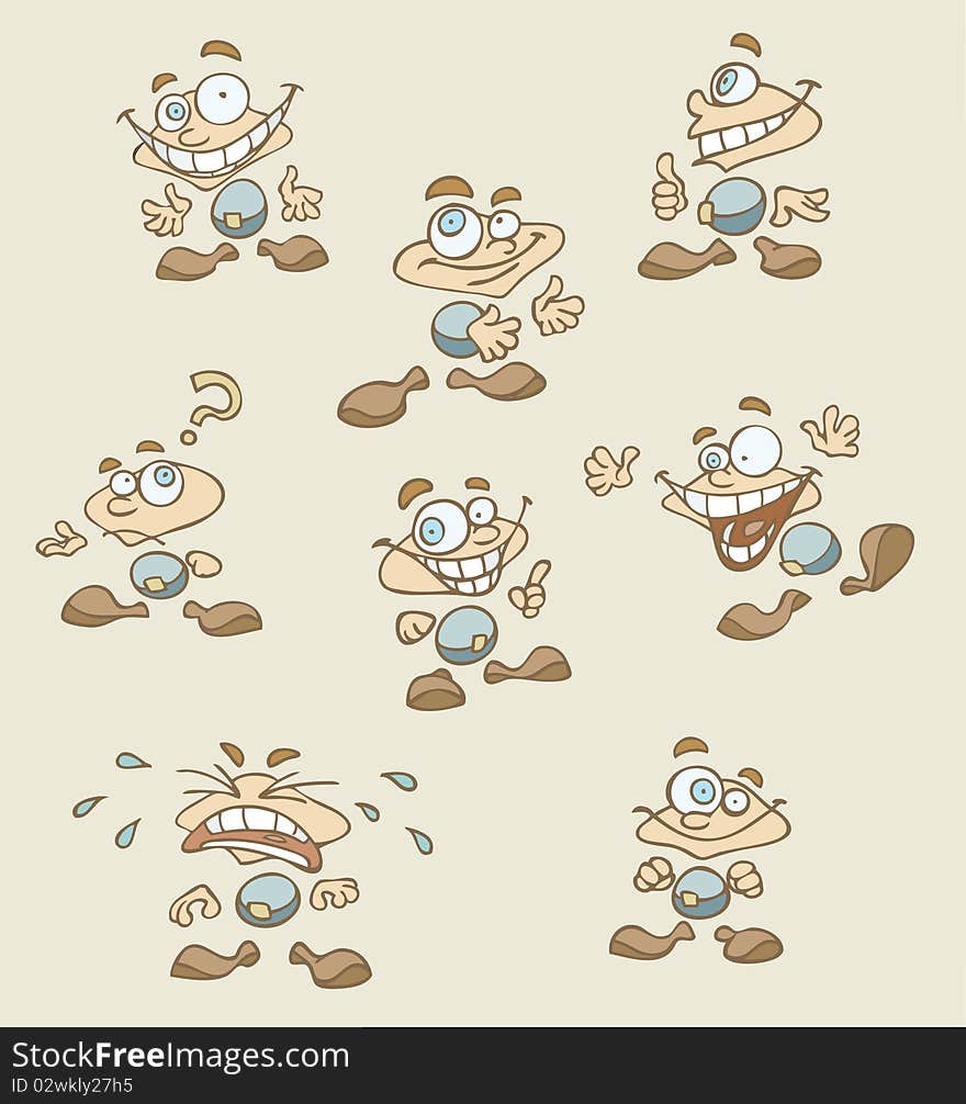 Eight vector illustrations of a funny cartoon character