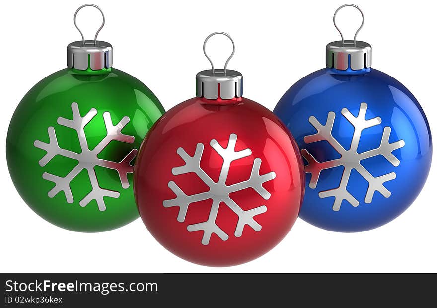 Three colorful (green, red, blue) shiny christmas baubles with silver snowflake shape on them. This is a detailed 3D render. Isolated on white. Three colorful (green, red, blue) shiny christmas baubles with silver snowflake shape on them. This is a detailed 3D render. Isolated on white.