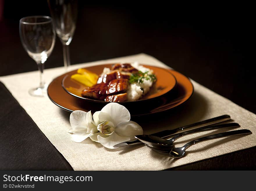 Restaurant serving with plate isolated on white