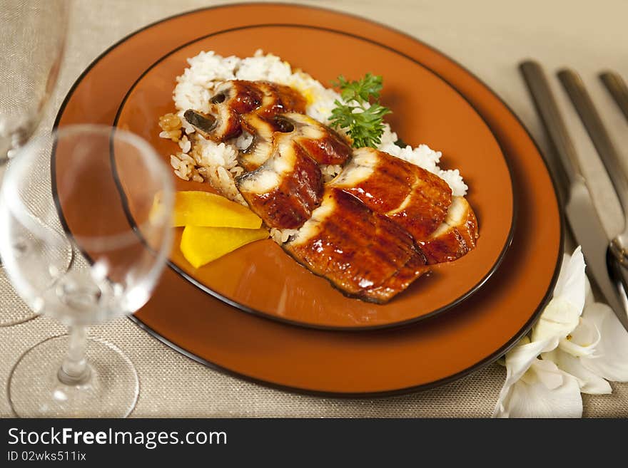 Restaurant serving with plate isolated on white