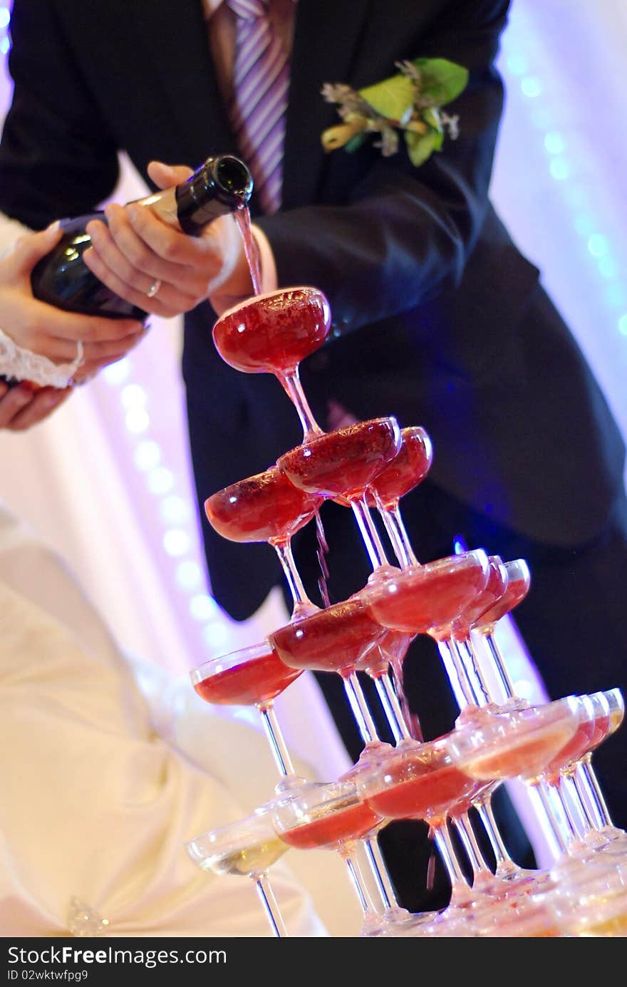 Champagne glasses tower in wedding，which taken in china