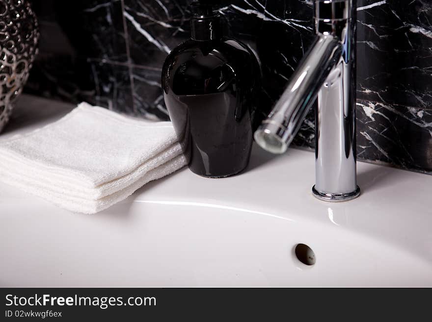 Interior black and white marble bathroom. Interior black and white marble bathroom