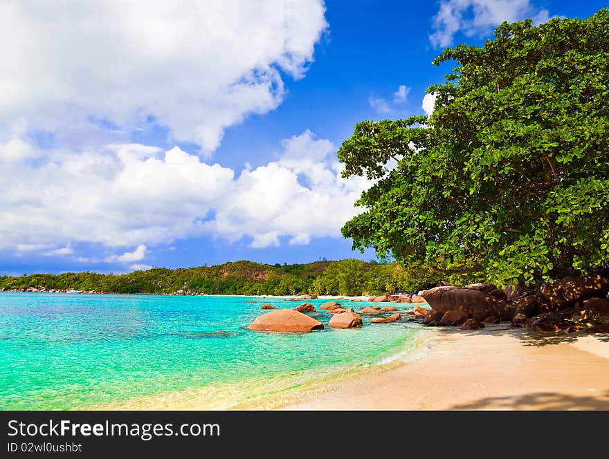 Beach Anse Lazio at island Praslin, Seychelles - vacation background. Beach Anse Lazio at island Praslin, Seychelles - vacation background