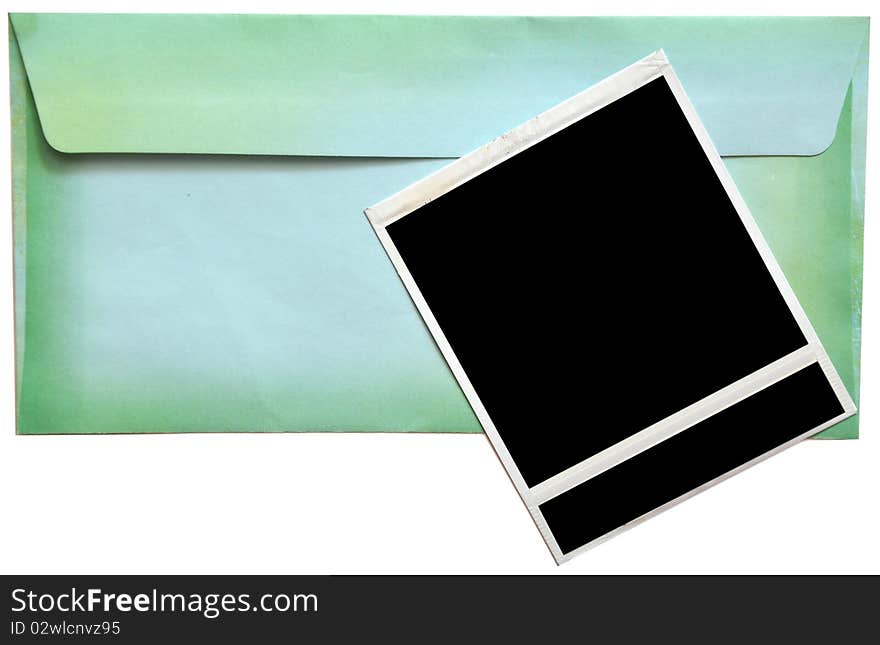 Envelope with empty photo frame isolated on white background