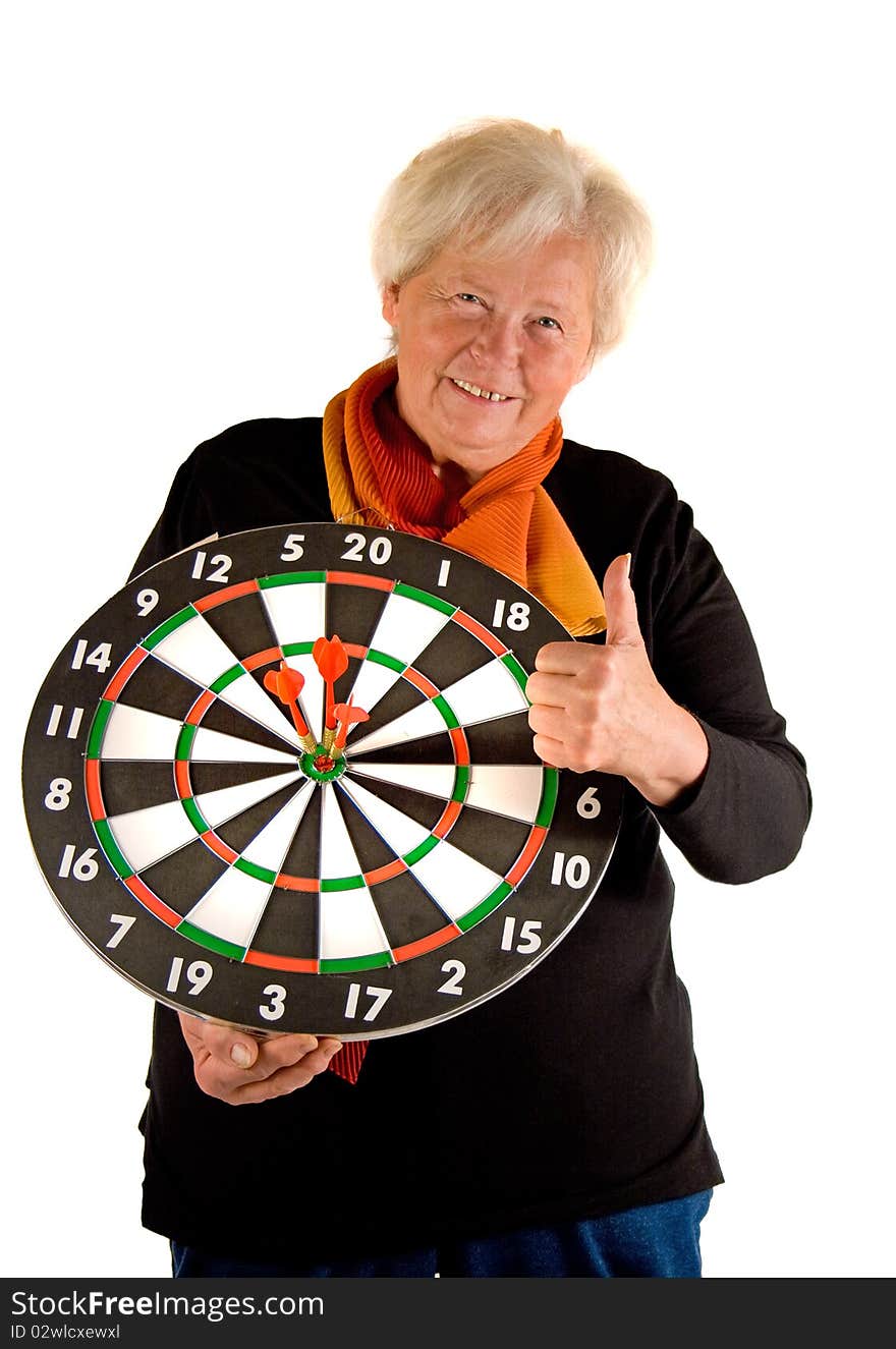 Senior with a darts is laughing. Senior with a darts is laughing