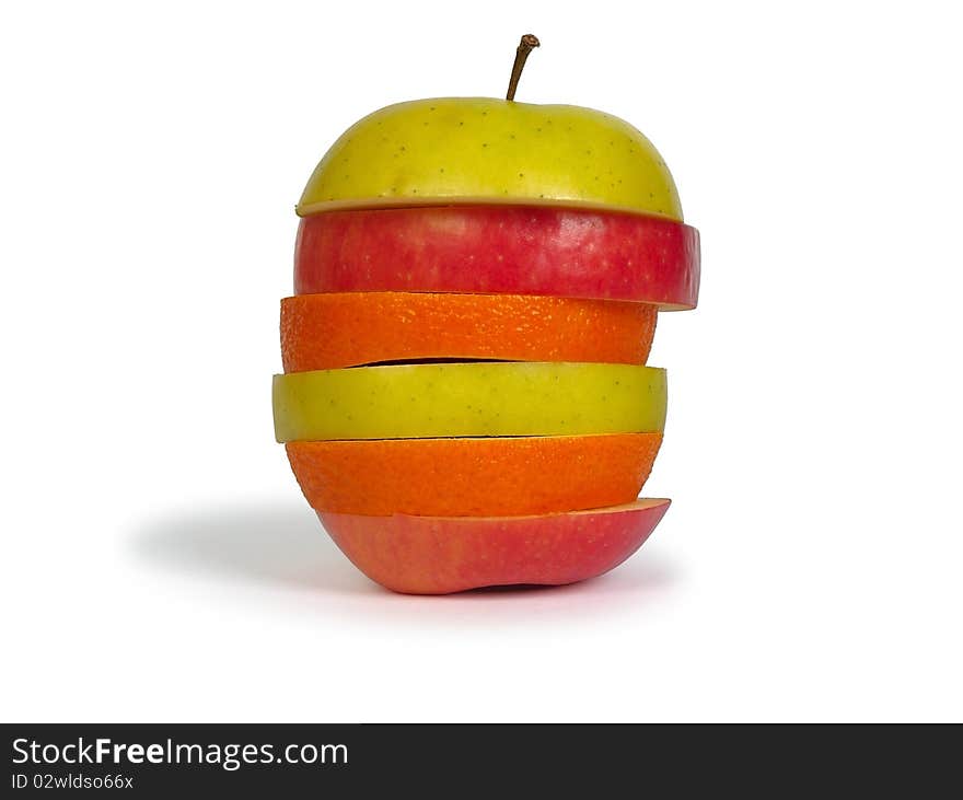 Slices of apples and orange as one fruit. Isolated with clipping path.