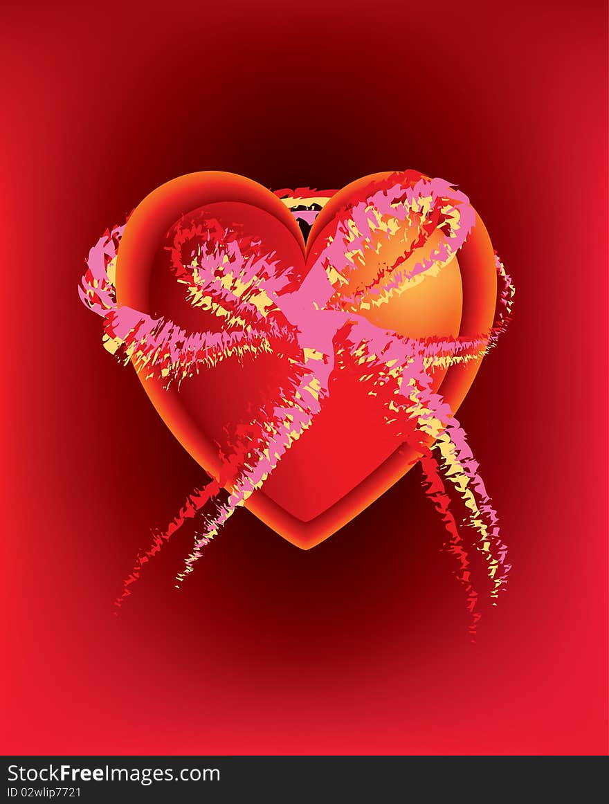 Heart in heart with large abstract bow on a luscious, rich red background.