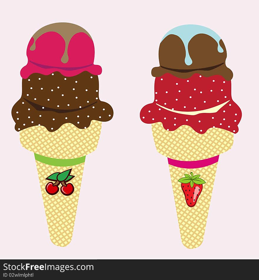 Vector illustration of cool ice cream cones with different flavors