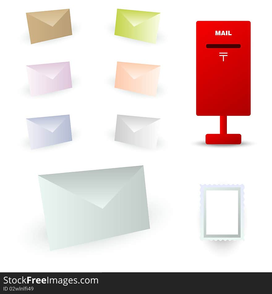 Envelopes in various color with stamp and mailbox icon. Envelopes in various color with stamp and mailbox icon