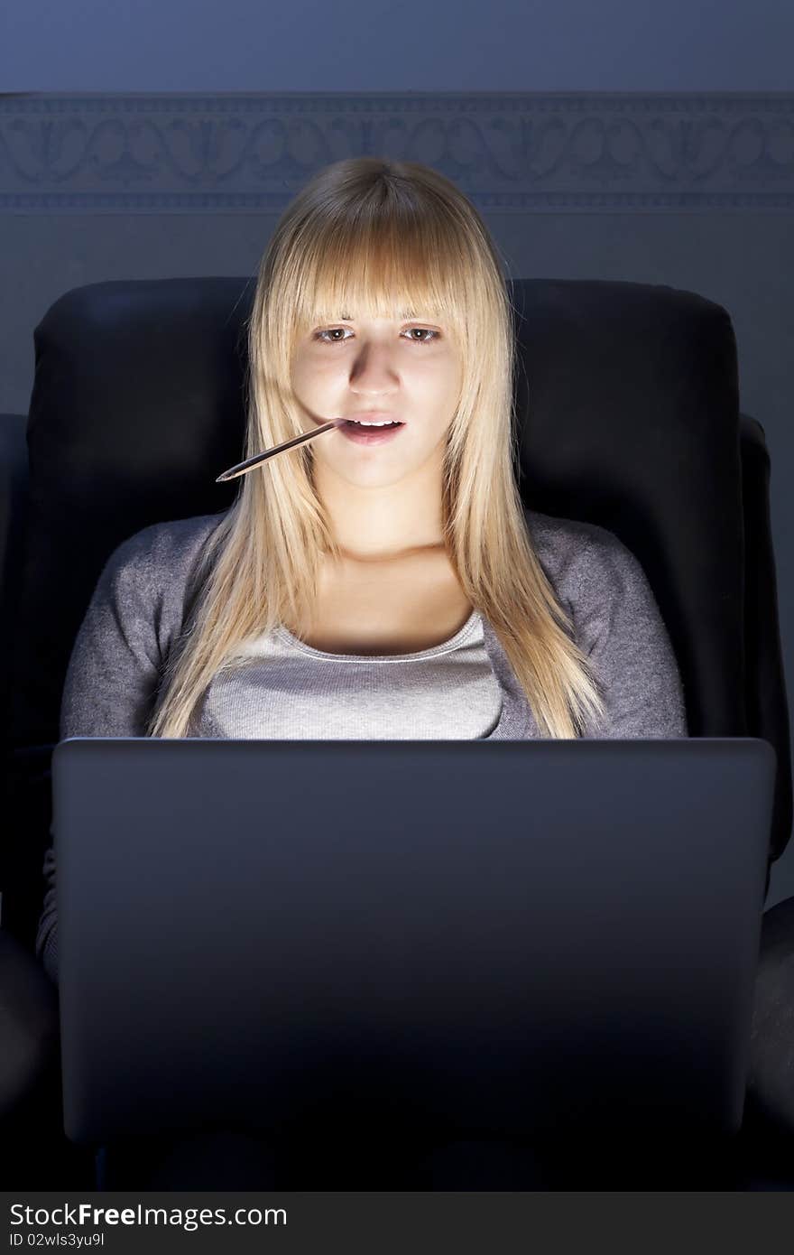 Woman With Laptop And Pen