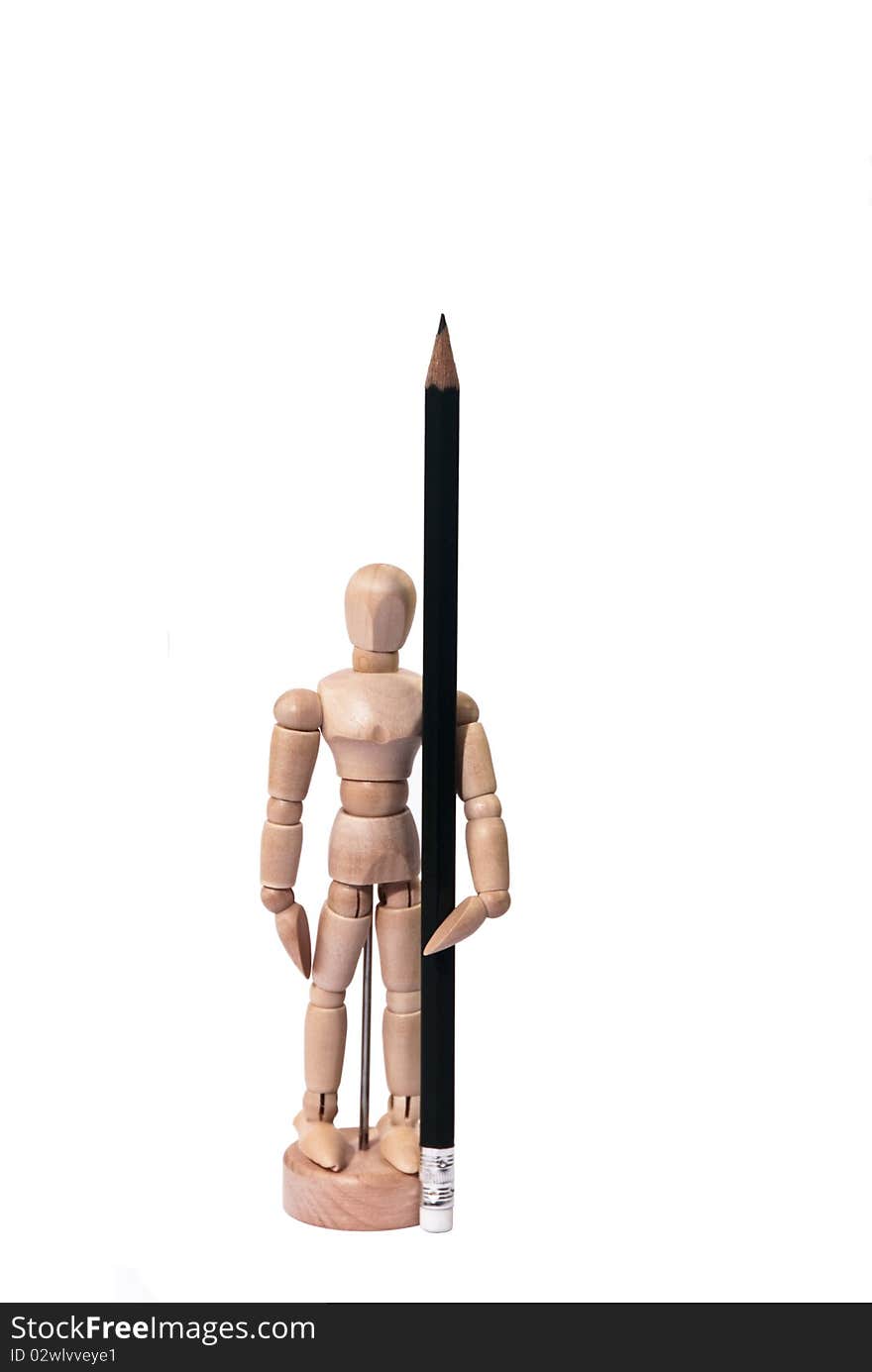 Artist Wooden Model with Pencil in the On Guard Position Isolated on White