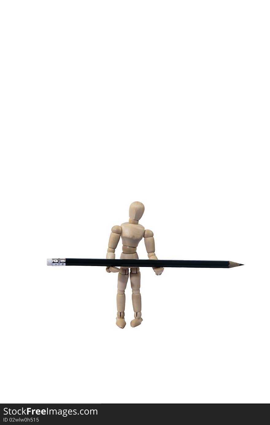 Miniature Artist Wooden Model Balancing a Pencil Isolated on White with room for your Text. Miniature Artist Wooden Model Balancing a Pencil Isolated on White with room for your Text