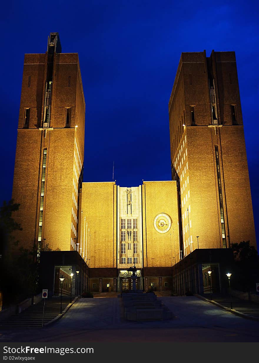 City Hall (Radhuset) in the night. Oslo, Norway