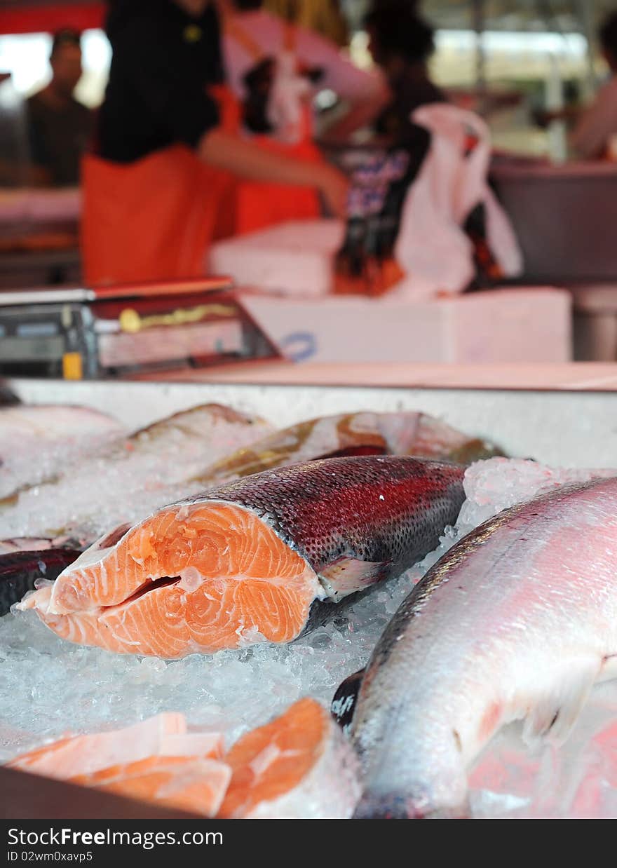 Detailed view of fish displayed at a fish market in Bergen