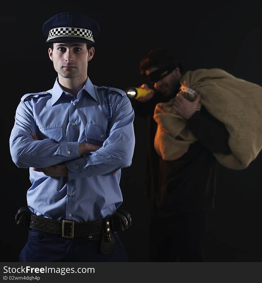 Policeman And Thief. Robbery Scene.