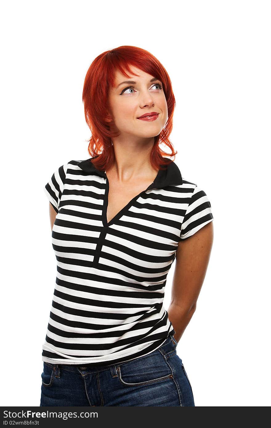 Young caucasian woman over white background smiling