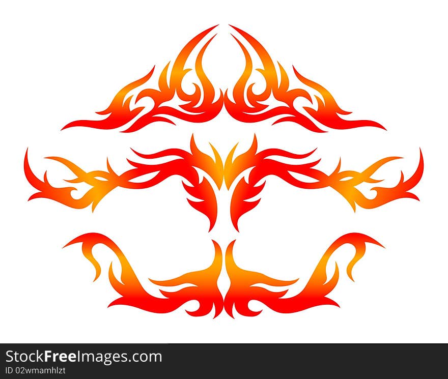 Set of three tattoo decoratons in red, orange colors, isolated over white background. Set of three tattoo decoratons in red, orange colors, isolated over white background