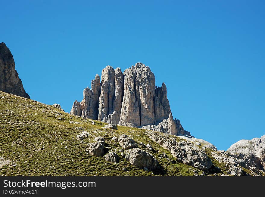 Scenic rocky peak in South Tirol - Fassa Valley. Scenic rocky peak in South Tirol - Fassa Valley.