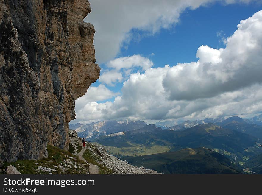 Mountain trek in summer around Sella massif in Italian Dolomites. Mountain trek in summer around Sella massif in Italian Dolomites.