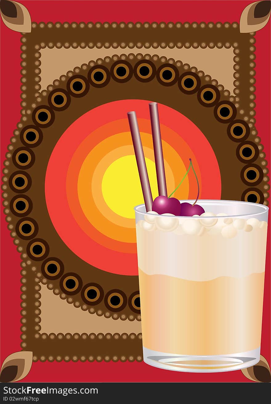 Vector illustration of cocktail drink, decorated with cherry and straw on the cool ornate background