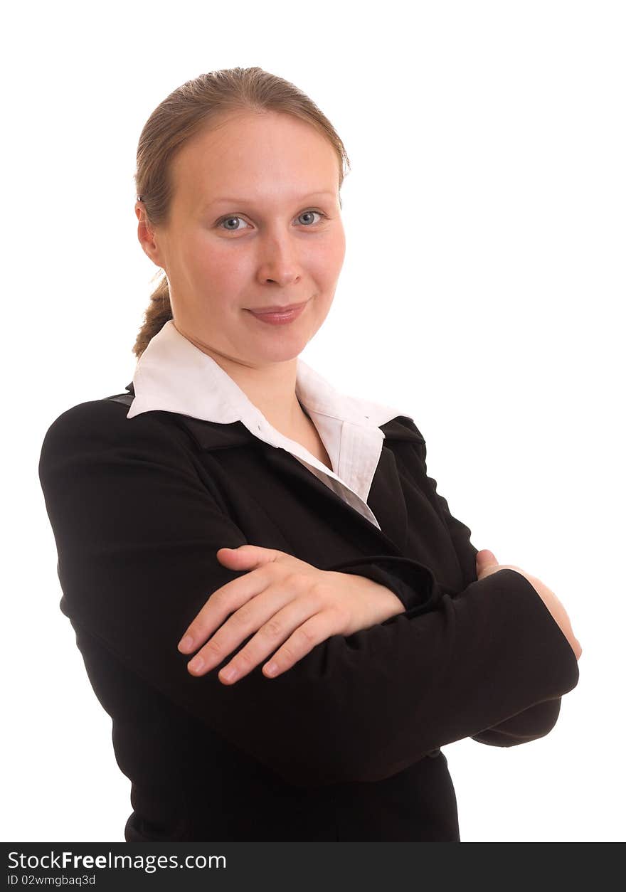 Confident business woman on white background.