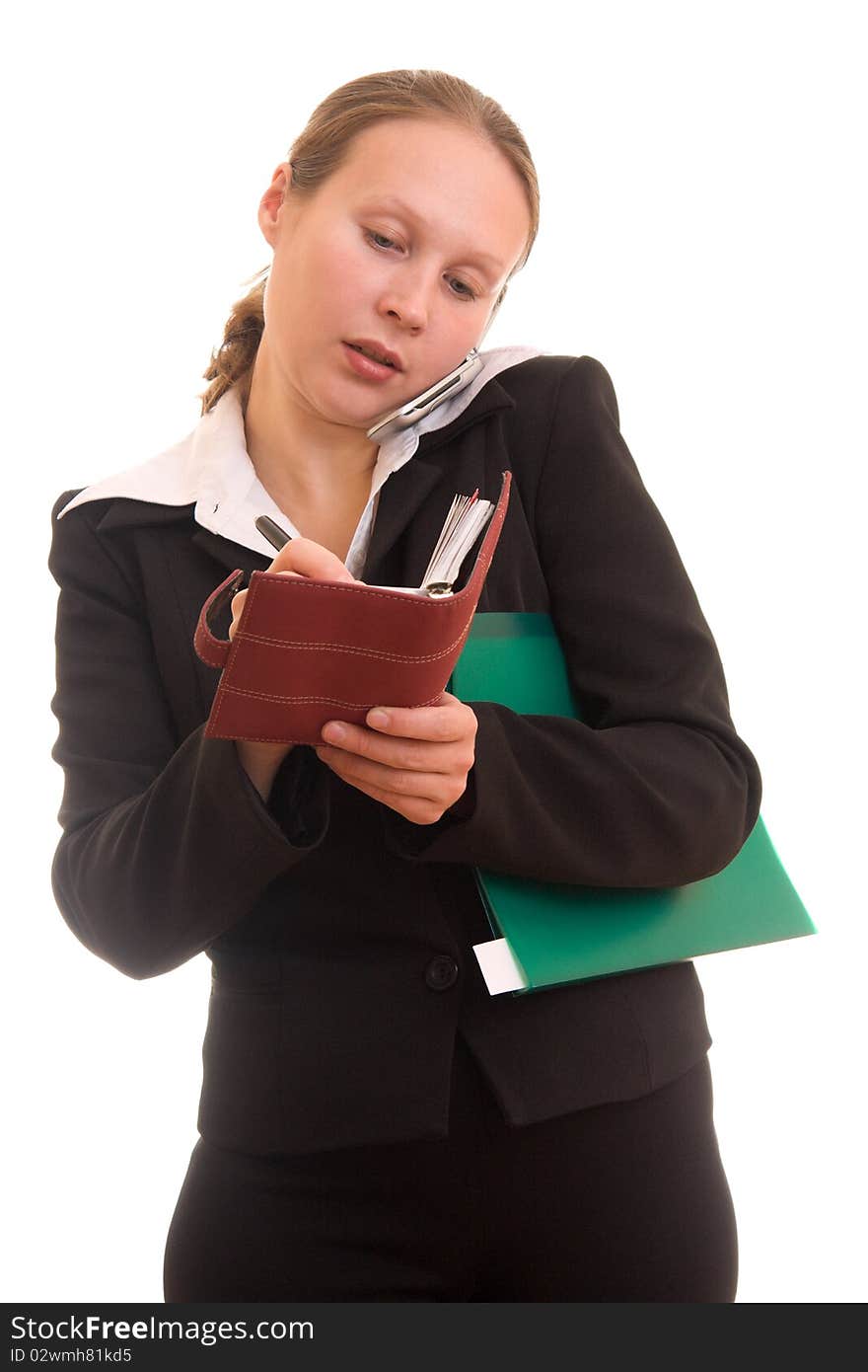 Busy business woman on a white background.