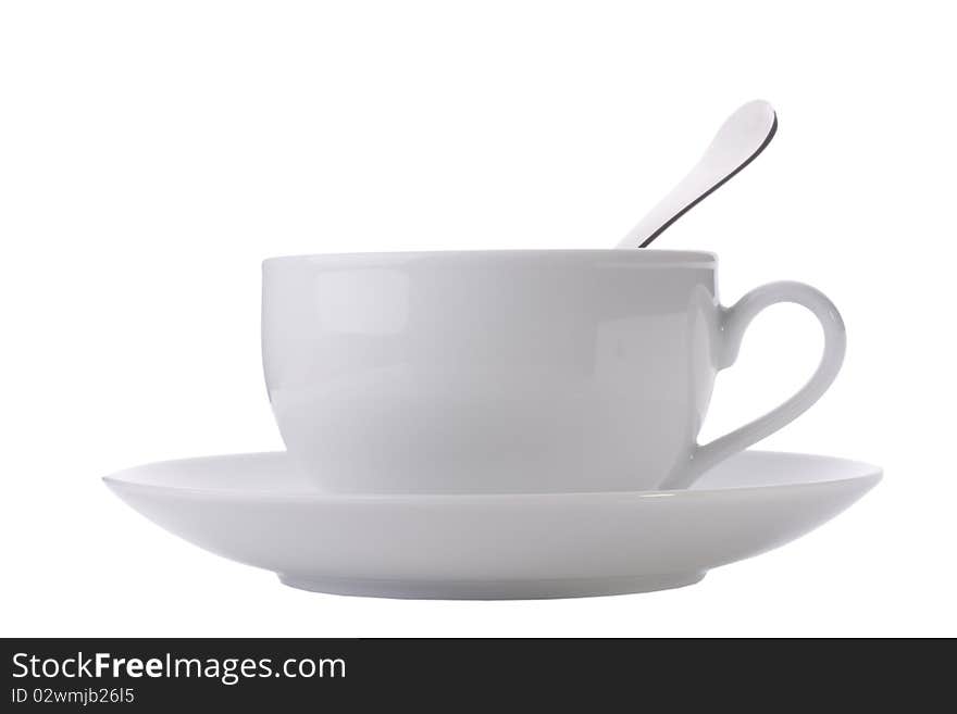 White cup with a saucer on a white background.